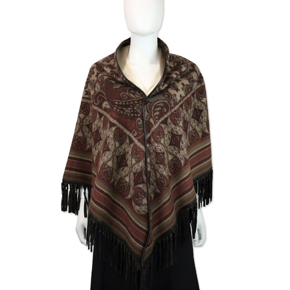 Loro Piana Burgundy/Taupe Paisley Cashmere Leather Fringe Trim Shawl
