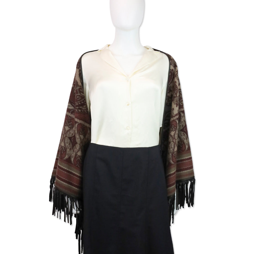 Loro Piana Burgundy/Taupe Paisley Cashmere Leather Fringe Trim Shawl