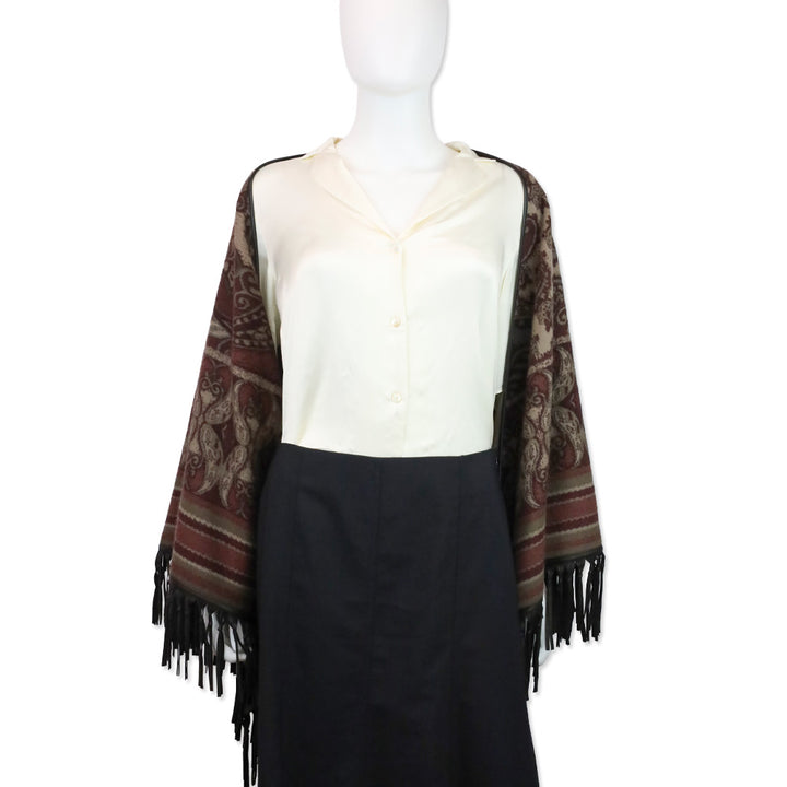 Loro Piana Burgundy/Taupe Paisley Cashmere Leather Fringe Trim Shawl