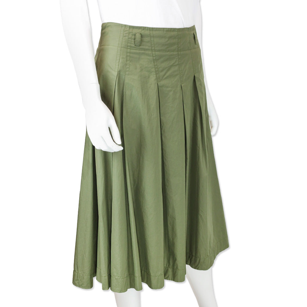 Loro Piana Olive Green Cotton Pleated Midi Skirt