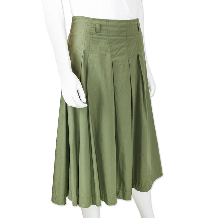 Loro Piana Olive Green Cotton Pleated Midi Skirt