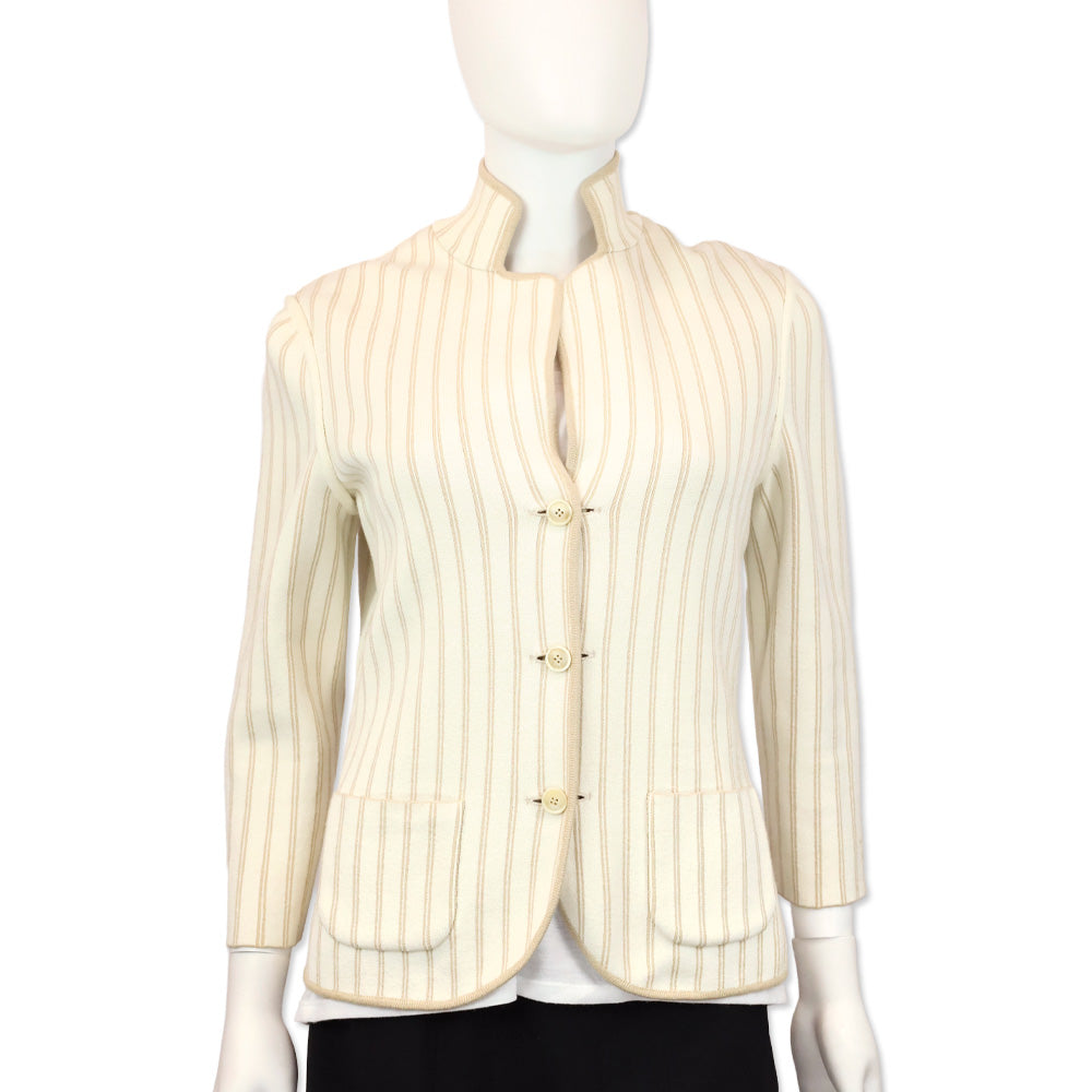 Loro Piano Reversible Tan/Ivory Pinstripe Knit Button Up Jacket