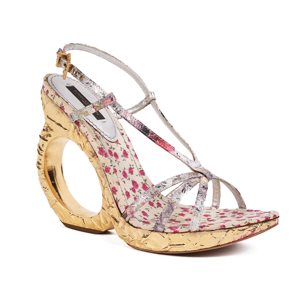 Louis Vuitton Floral & Hammered Gold Wedge Heel Sandals