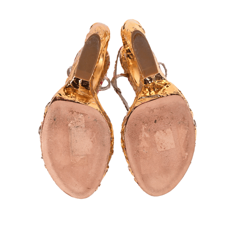 Louis Vuitton Floral & Hammered Gold Wedge Heel Sandals