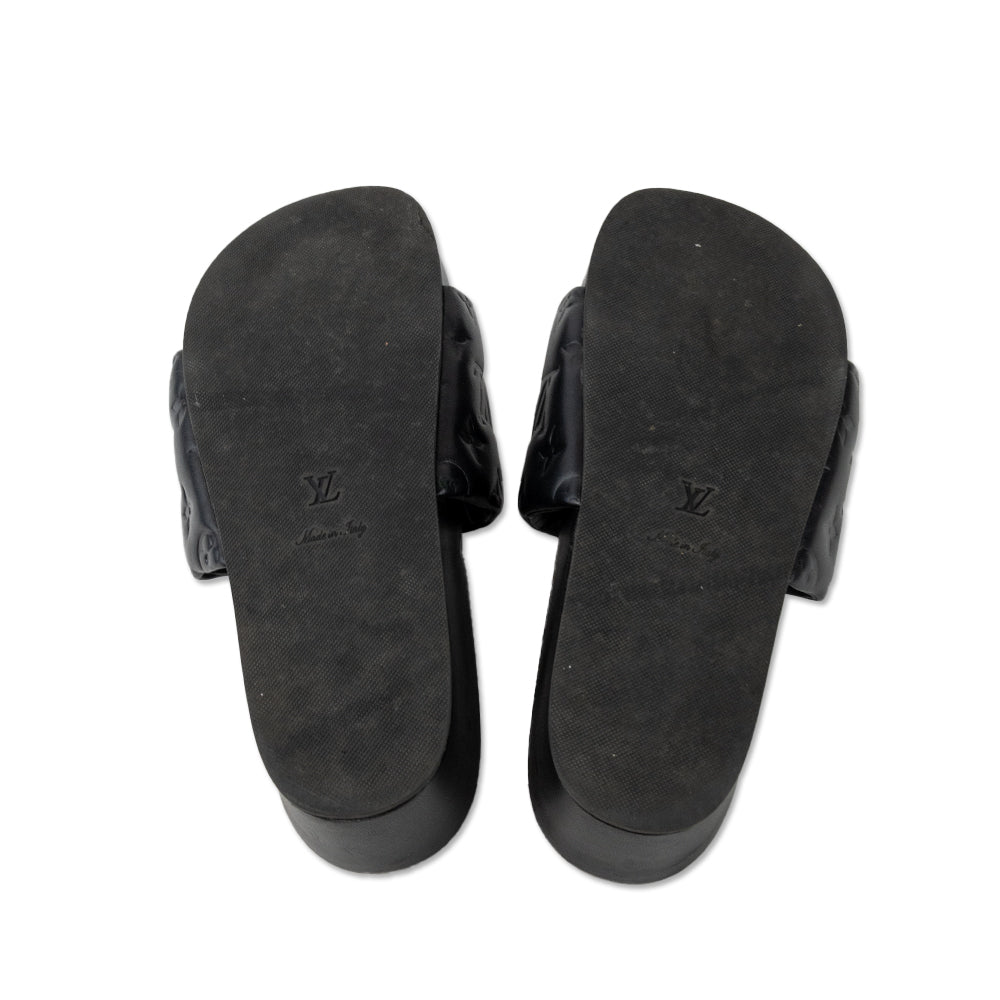 Louis Vuitton Black Lambskin Leather Monogram Slides