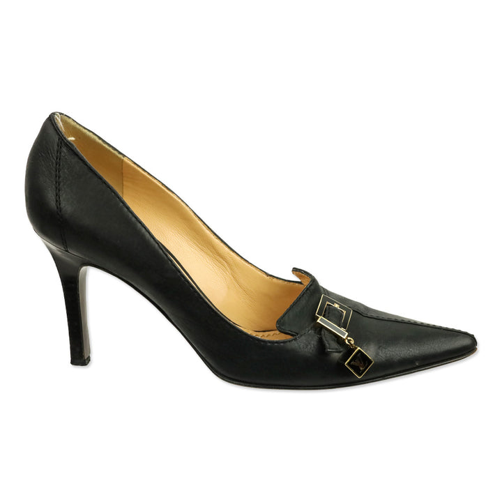 Louis Vuitton Black Leather Buckle Cube Charm Pump