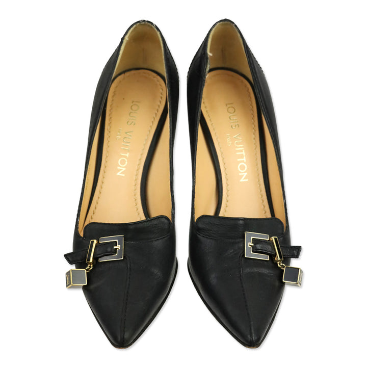 Louis Vuitton Black Leather Buckle Cube Charm Pump