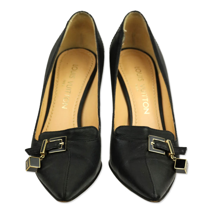 Louis Vuitton Black Leather Buckle Cube Charm Pump