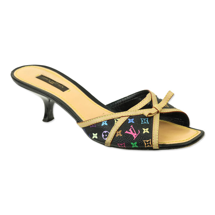 Louis Vuitton Black Multicolor Murakami Monogram Kitten Heel Mules