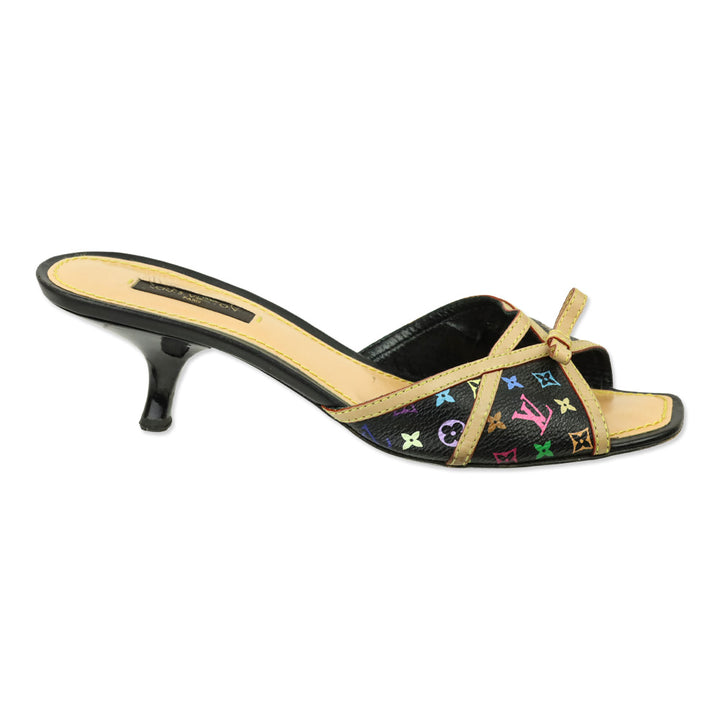 Louis Vuitton Black Multicolor Murakami Monogram Kitten Heel Mules