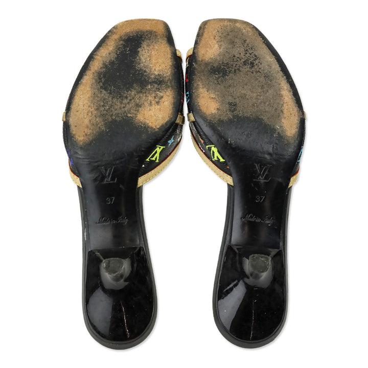 Louis Vuitton Black Multicolor Murakami Monogram Kitten Heel Mules