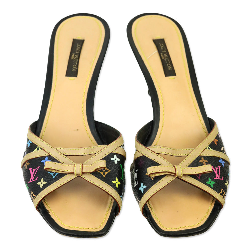 Louis Vuitton Black Multicolor Murakami Monogram Kitten Heel Mules
