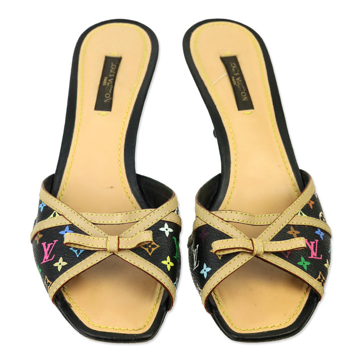 Louis Vuitton Black Multicolor Murakami Monogram Kitten Heel Mules