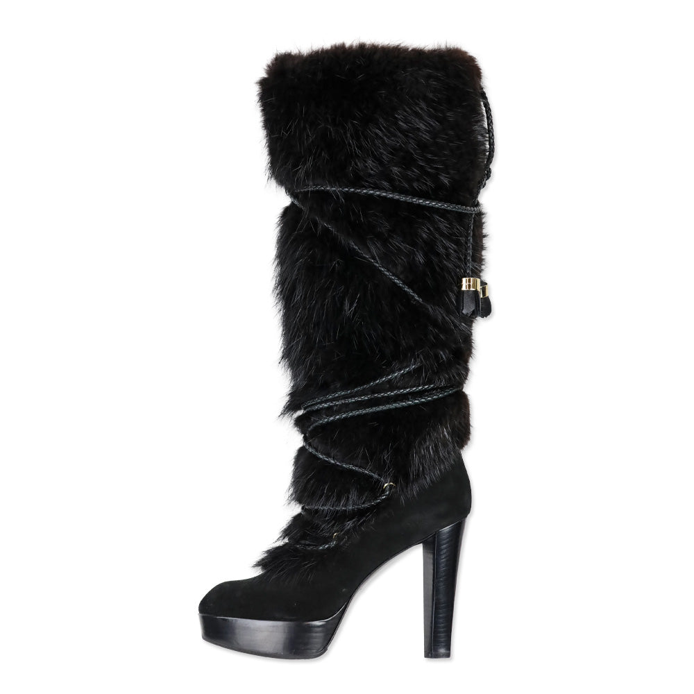 Louis Vuitton Black Suede and Fox Fur Knee-High Boots