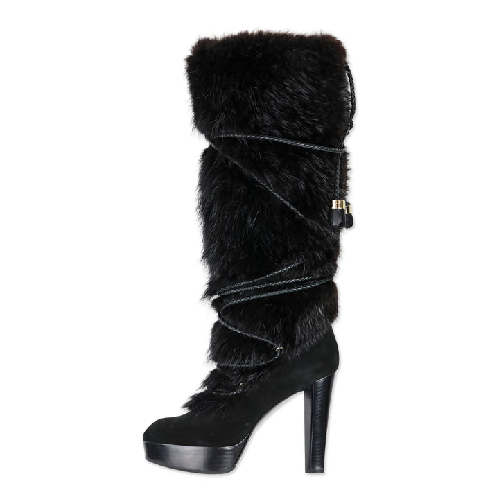 Louis Vuitton Black Suede and Fox Fur Knee-High Boots
