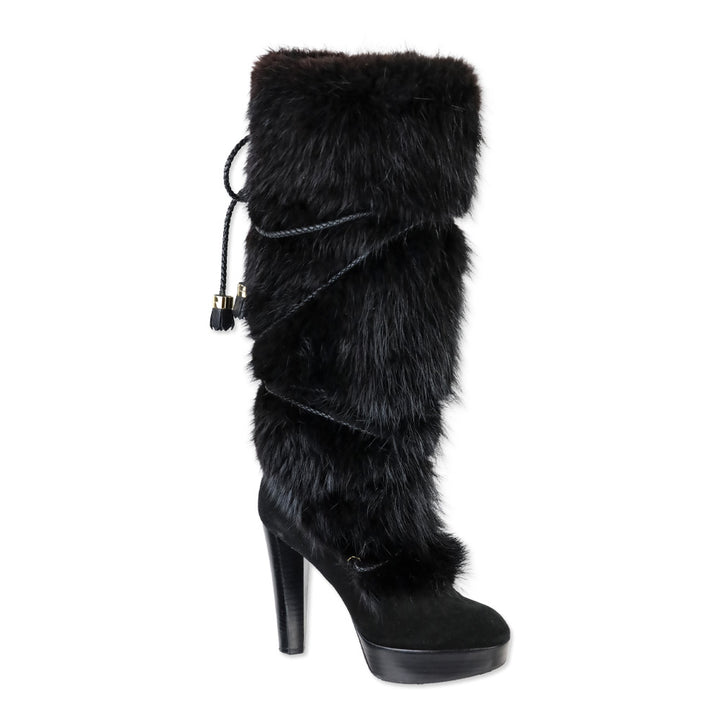 Louis Vuitton Black Suede and Fox Fur Knee-High Boots