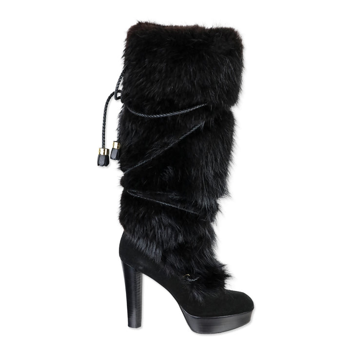 Louis Vuitton Black Suede and Fox Fur Knee-High Boots