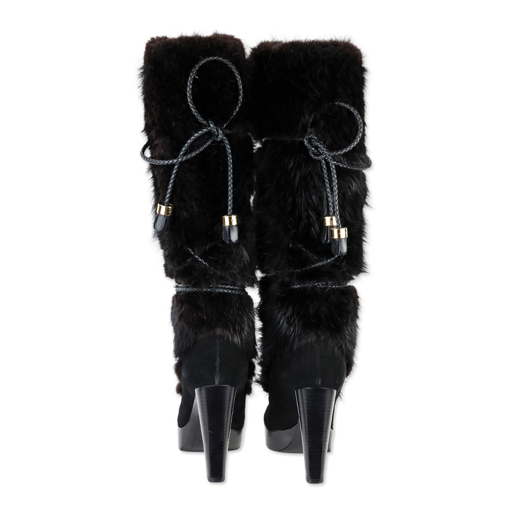 Louis Vuitton Black Suede and Fox Fur Knee-High Boots