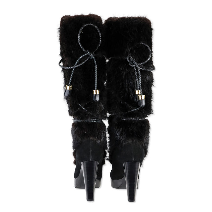 Louis Vuitton Black Suede and Fox Fur Knee-High Boots