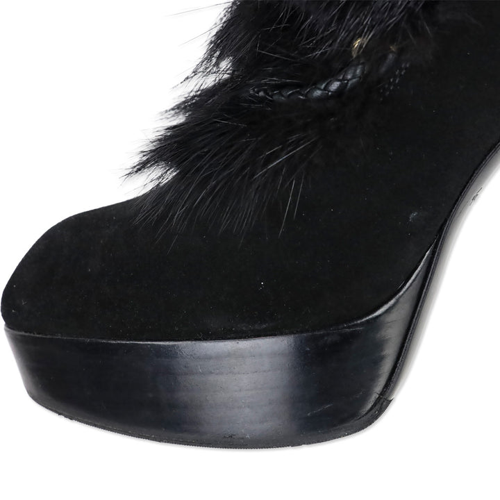Louis Vuitton Black Suede and Fox Fur Knee-High Boots