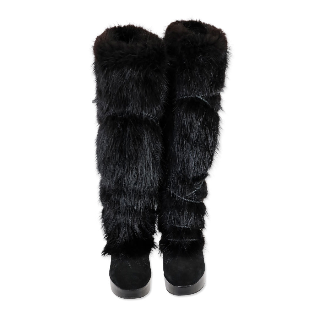 Louis Vuitton Black Suede and Fox Fur Knee-High Boots