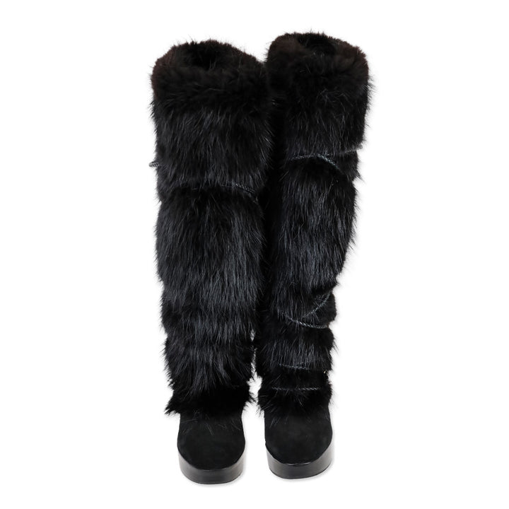 Louis Vuitton Black Suede and Fox Fur Knee-High Boots