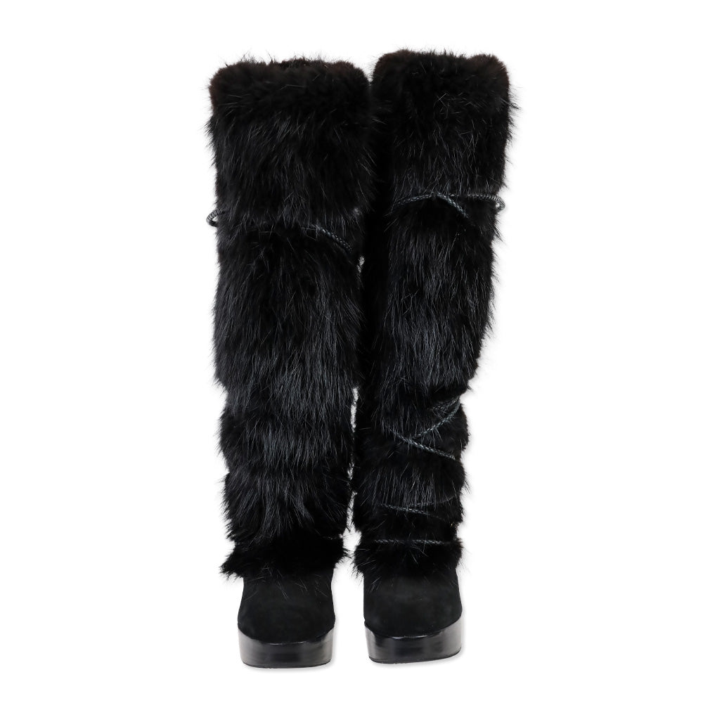Louis Vuitton Black Suede and Fox Fur Knee-High Boots