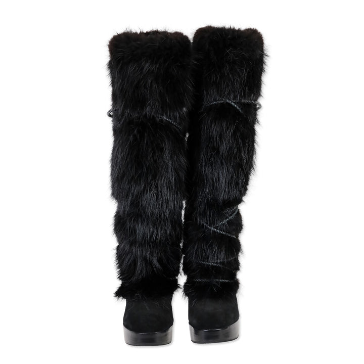 Louis Vuitton Black Suede and Fox Fur Knee-High Boots