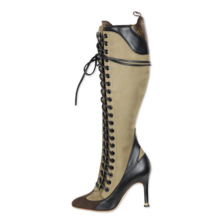Louis Vuitton Brown Suede Black Leather Laureate Knee-High Lace-Up Boots
