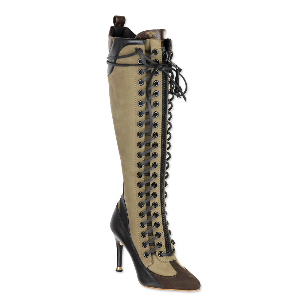 Louis Vuitton Brown Suede Black Leather Laureate Knee-High Lace-Up Boots