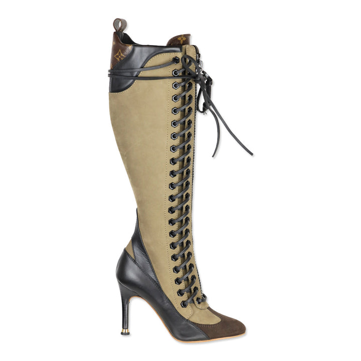 Louis Vuitton Brown Suede Black Leather Laureate Knee-High Lace-Up Boots