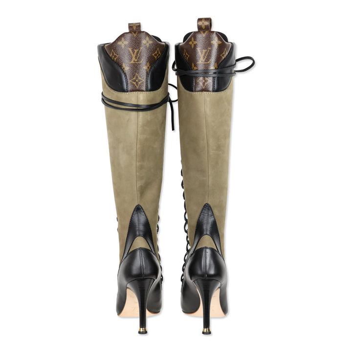 Louis Vuitton Brown Suede Black Leather Laureate Knee-High Lace-Up Boots