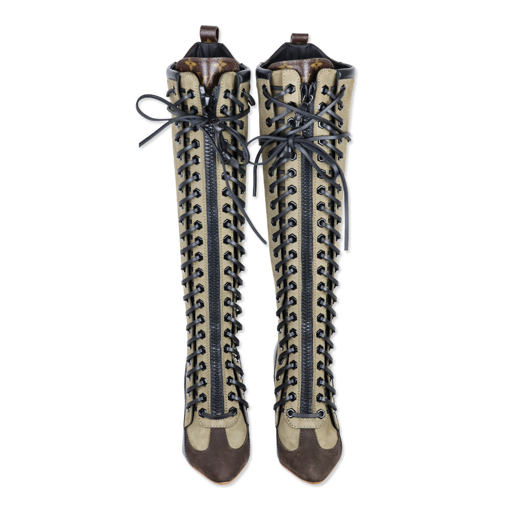 Louis Vuitton Brown Suede Black Leather Laureate Knee-High Lace-Up Boots