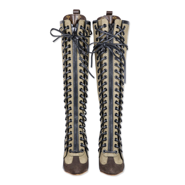 Louis Vuitton Brown Suede Black Leather Laureate Knee-High Lace-Up Boots