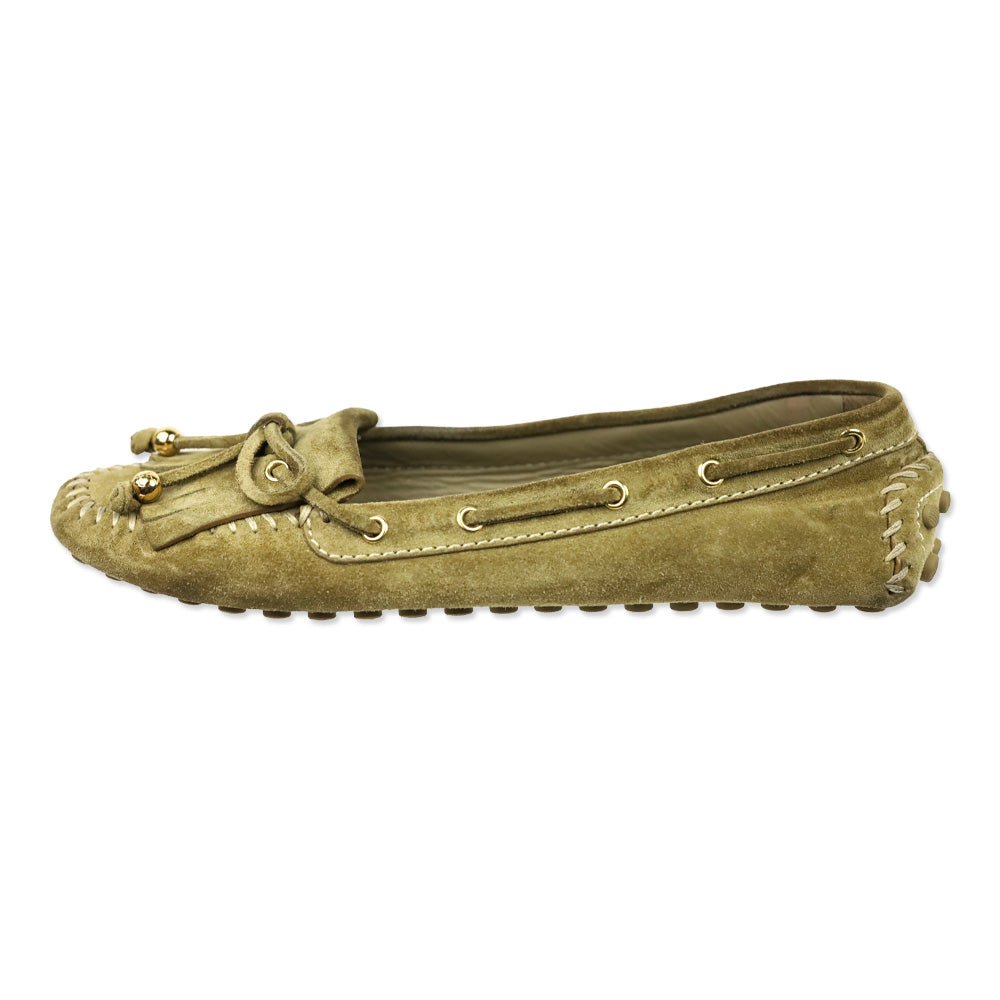 Louis Vuitton Olive Green Suede Fringe Moccasin Driver Loafer