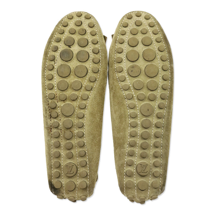 Louis Vuitton Olive Green Suede Fringe Moccasin Driver Loafer