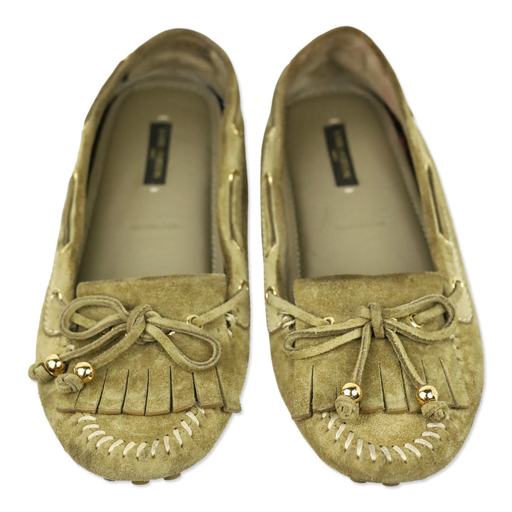 Louis Vuitton Olive Green Suede Fringe Moccasin Driver Loafer