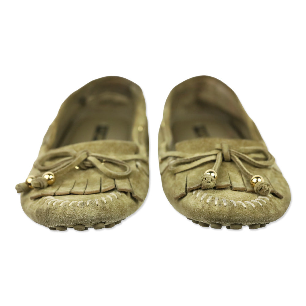 Louis Vuitton Olive Green Suede Fringe Moccasin Driver Loafer