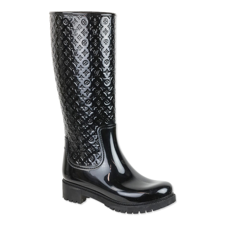 Louis Vuitton Black Monogram Rubber Knee-High Rain Boots