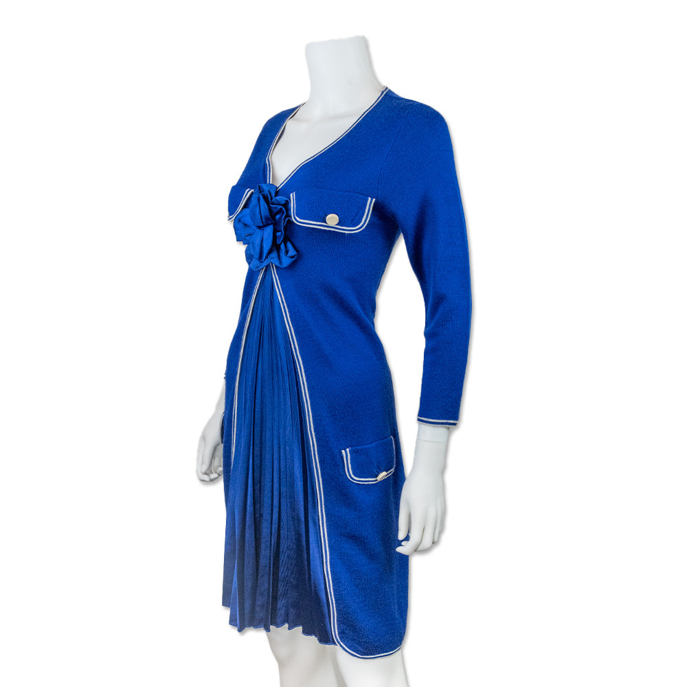 Love Moschino Blue Knit Dress with Front Pleated and Flower Accent