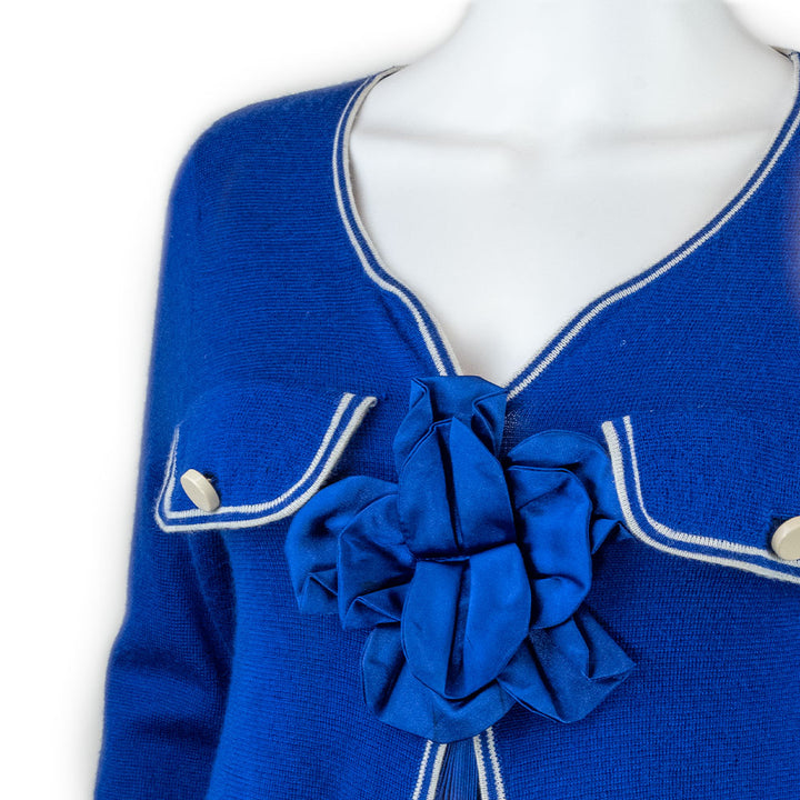 Love Moschino Blue Knit Dress with Front Pleated and Flower Accent