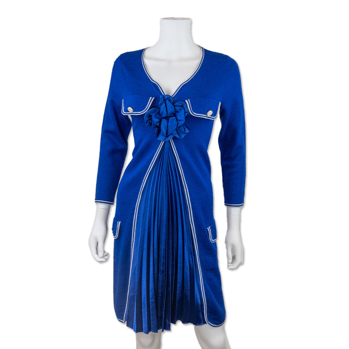 Love Moschino Blue Knit Dress with Front Pleated and Flower Accent