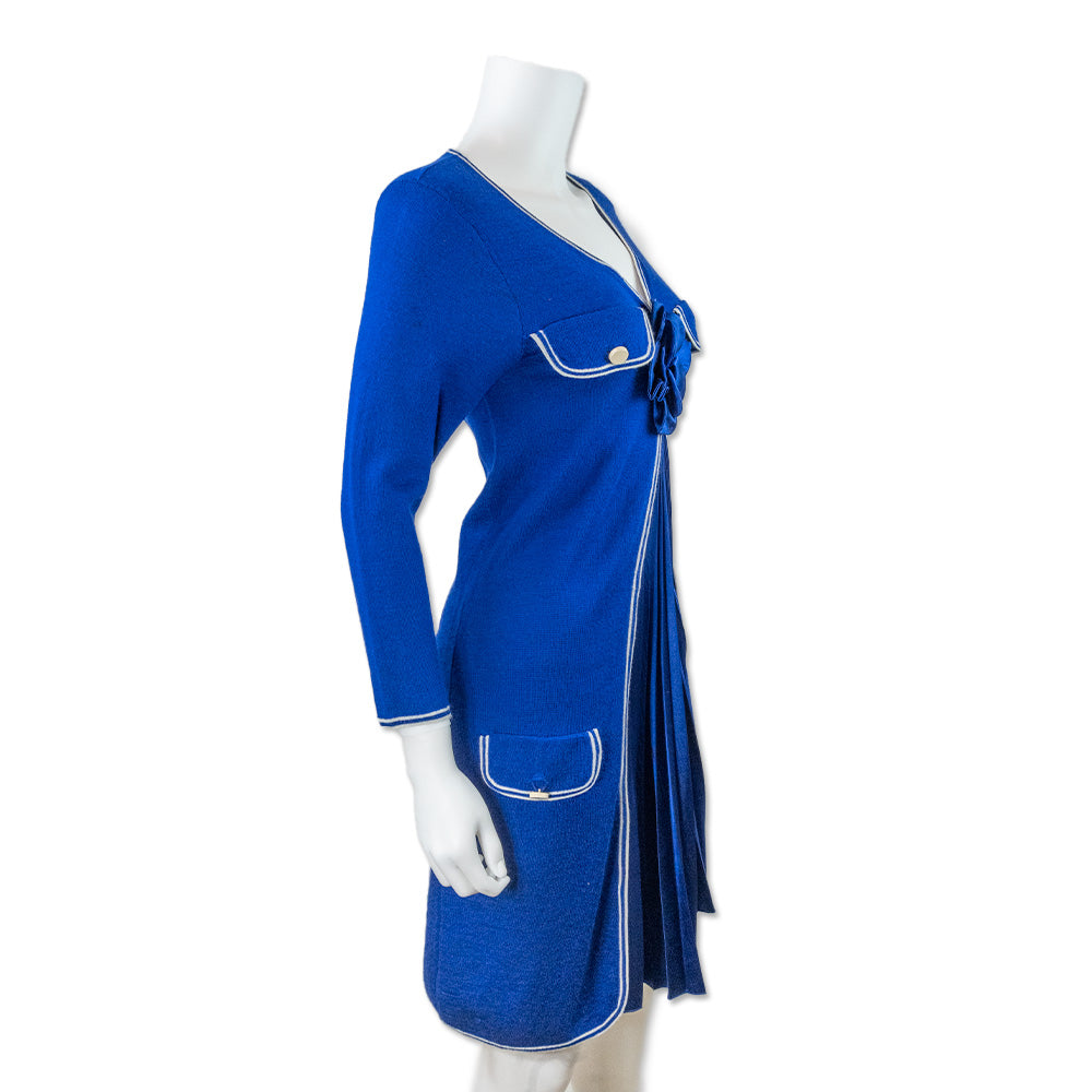 Love Moschino Blue Knit Dress with Front Pleated and Flower Accent