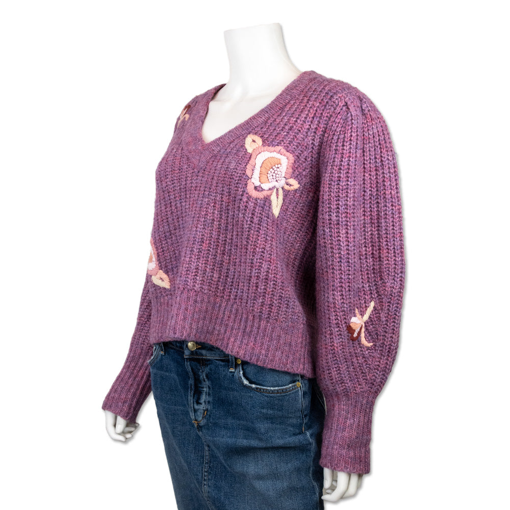 Love Shack Fancy Purple Cable Knit Embroidered Sweater