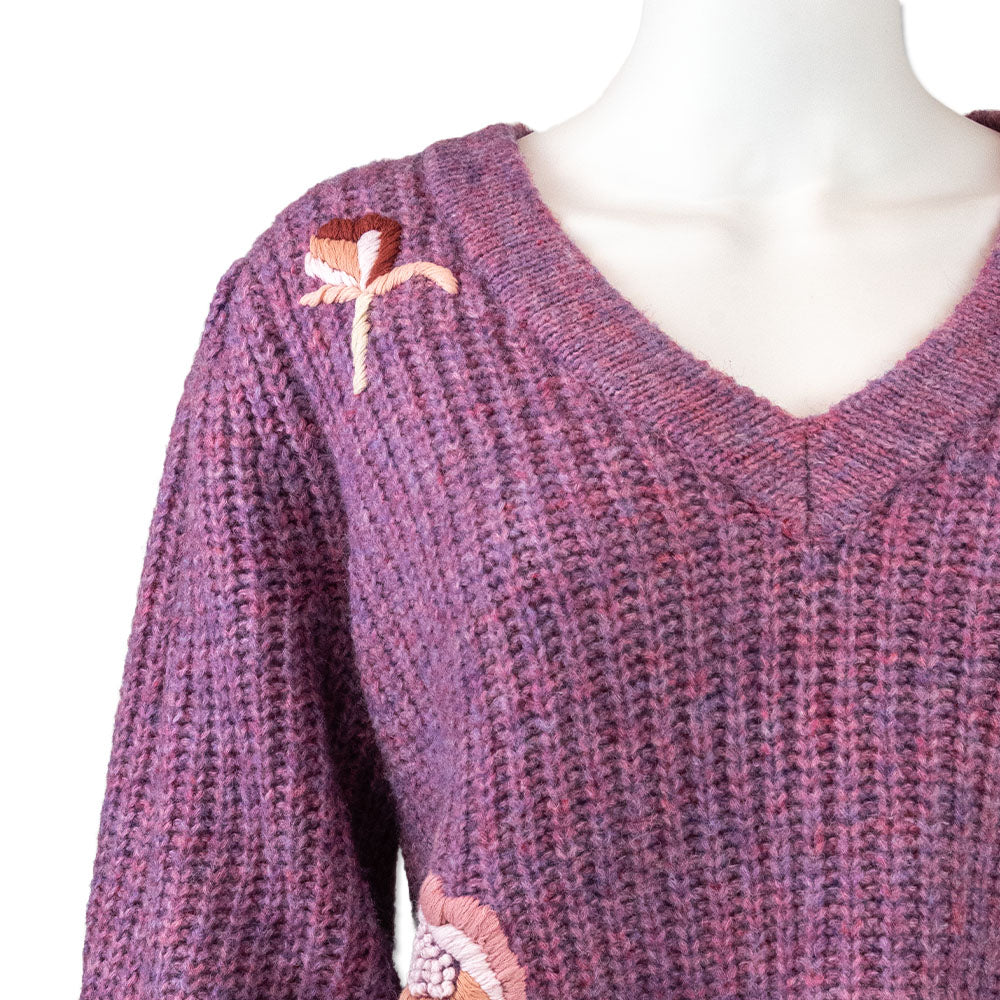 Love Shack Fancy Purple Cable Knit Embroidered Sweater