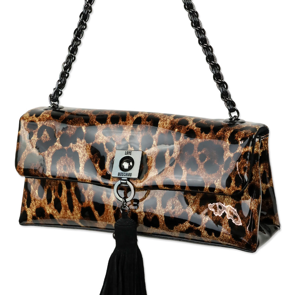 Love Moschino Patent Leopard Print Flap Crossbody