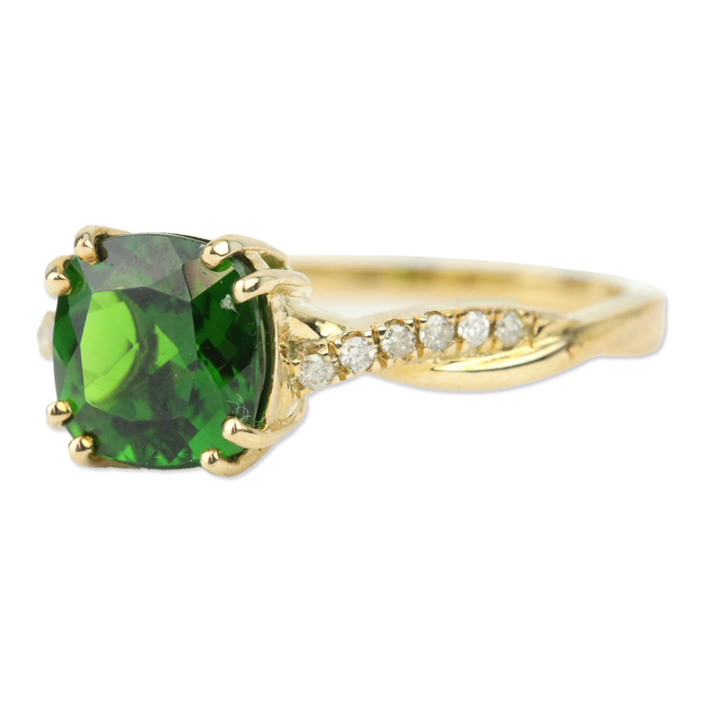 Luxoro 10K Yellow Gold Cushion Chrome Diopside and I2 Diamond Solitaire Ring