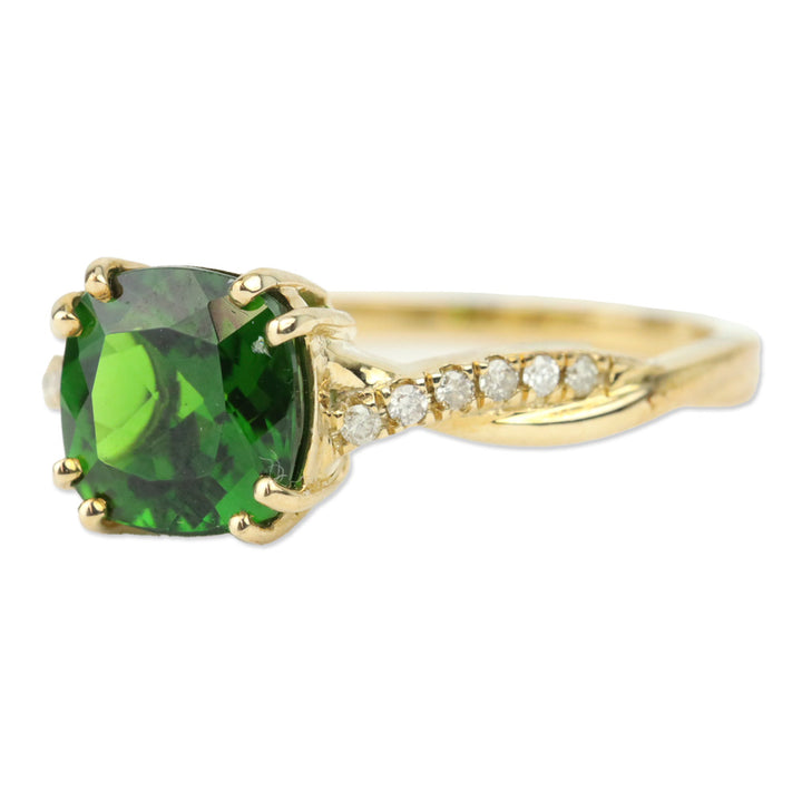 Luxoro 10K Yellow Gold Cushion Chrome Diopside and I2 Diamond Solitaire Ring