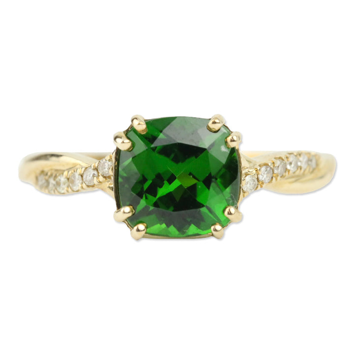 Luxoro 10K Yellow Gold Cushion Chrome Diopside and I2 Diamond Solitaire Ring