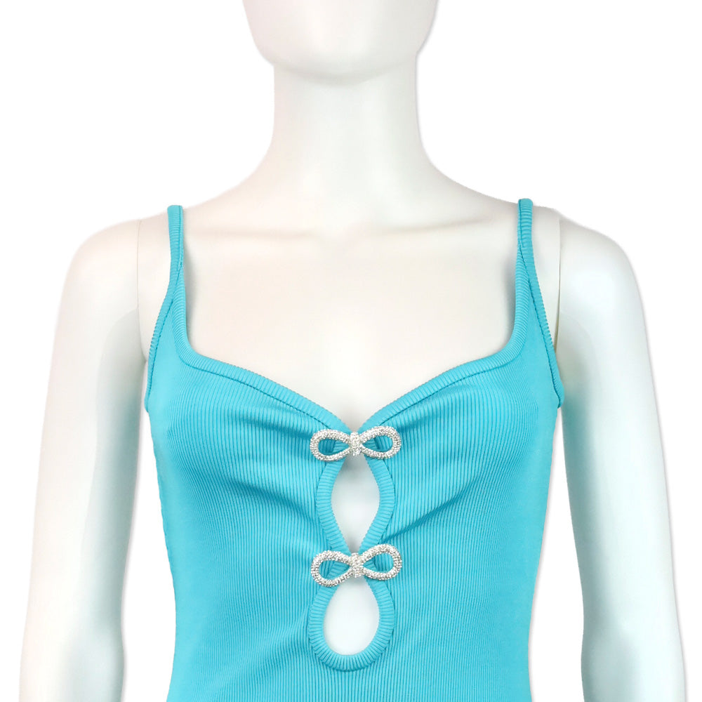 MACH & MACH Teal Ribbed Crystal Bow Mini Dress